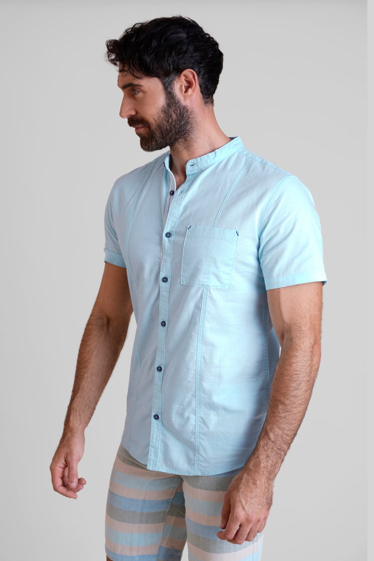 Regular Fit Cotton Linen Grandad Collar S/S  Shirt
