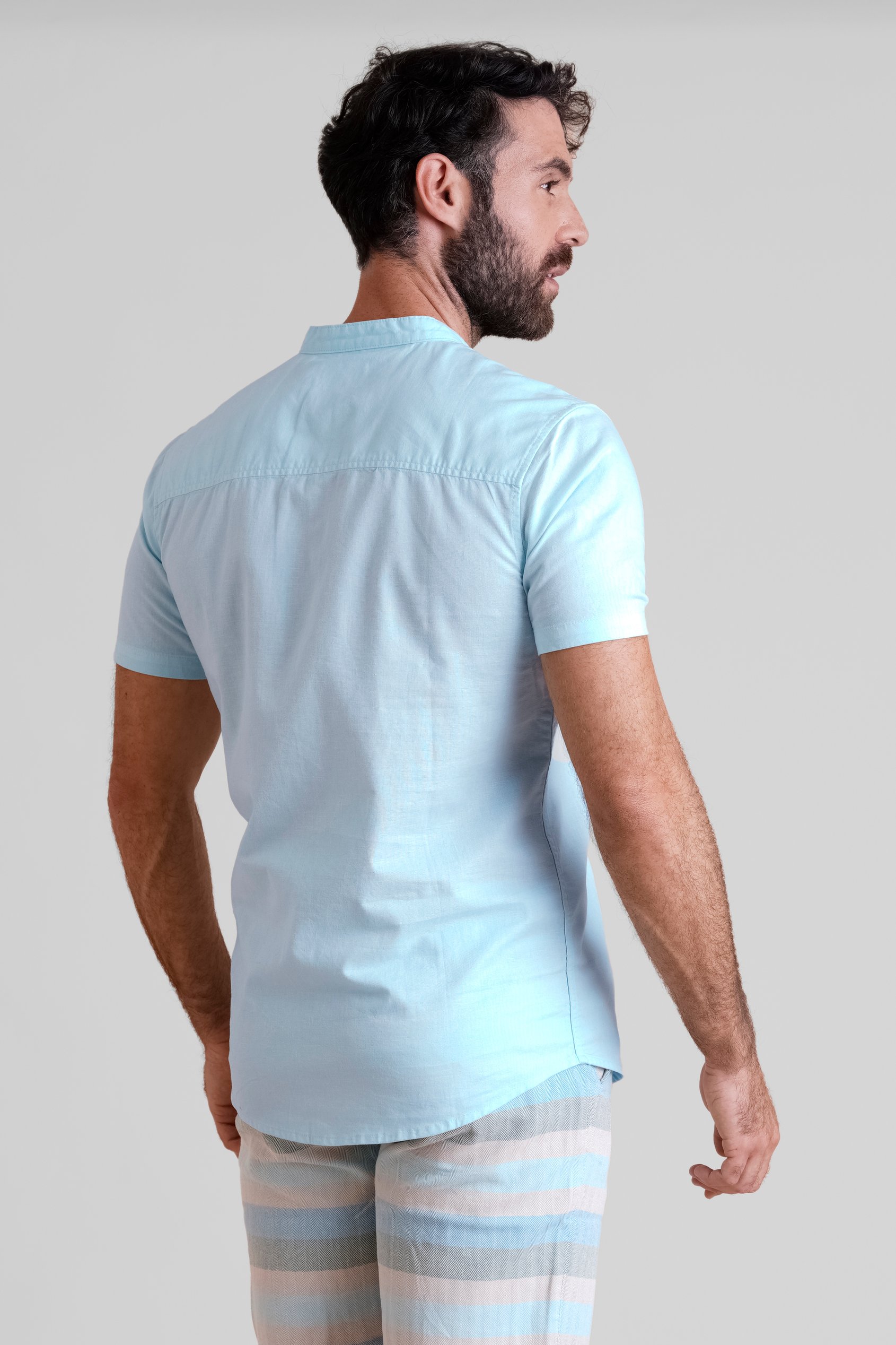 Regular Fit Cotton Linen Grandad Collar S/S  Shirt