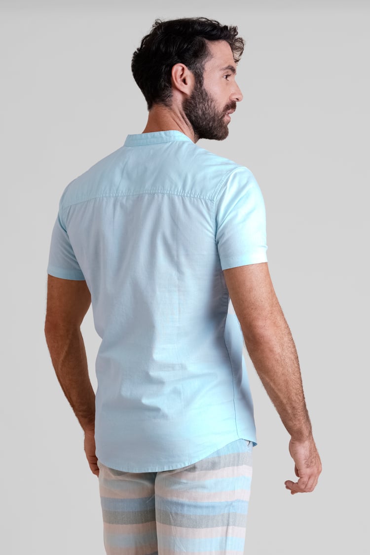 Regular Fit Cotton Linen Grandad Collar S/S  Shirt