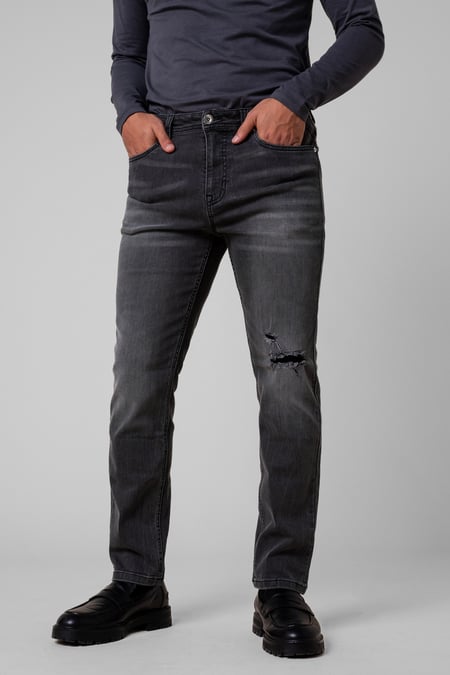 Grey Regular Fit Distressed Stretch Denim Jeans