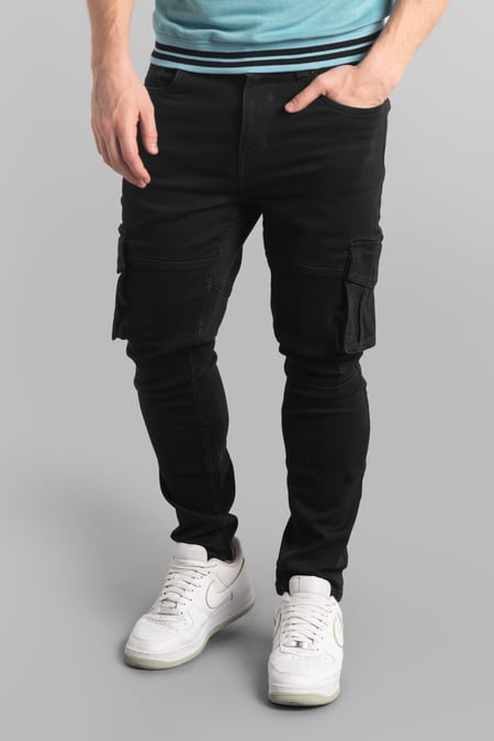 Mens Black Skinny Fit Cargo Jeans