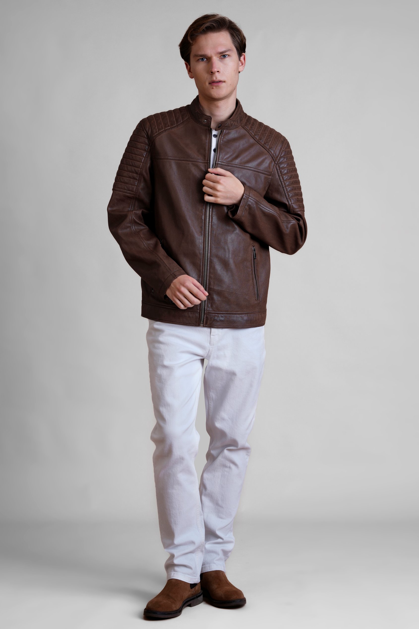 Smart Zip-Up Genuine Leather Biker Jacket