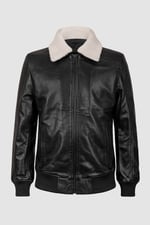 Mens Detachable Borg Collar Genuine Leather Jacket