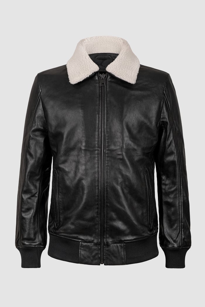 Mens Detachable Borg Collar Genuine Leather Jacket