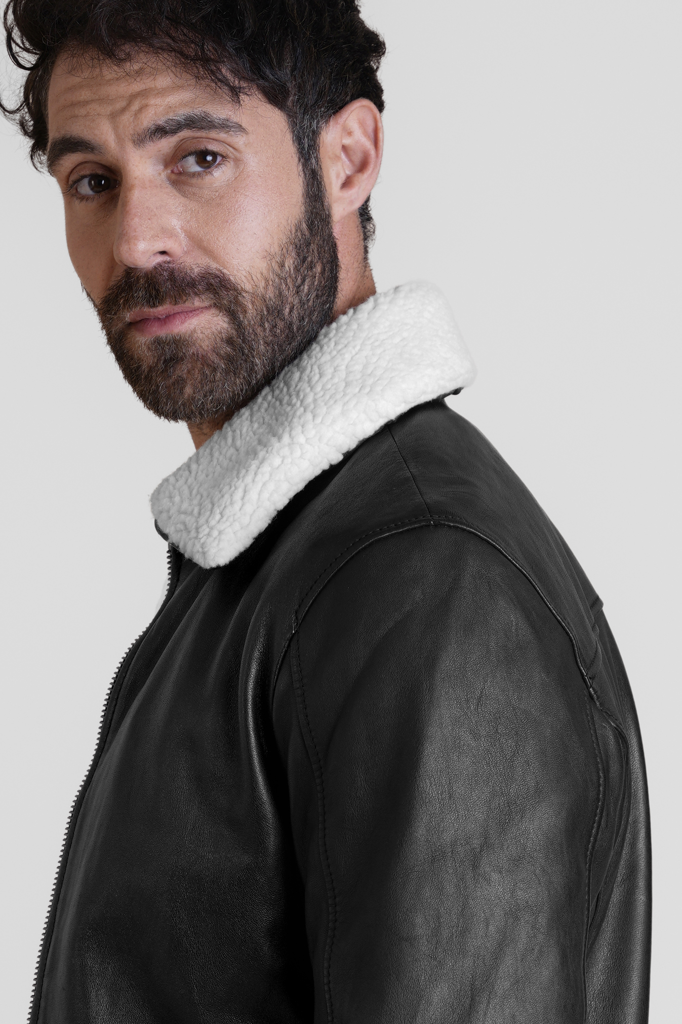 Mens Detachable Borg Collar Genuine Leather Jacket