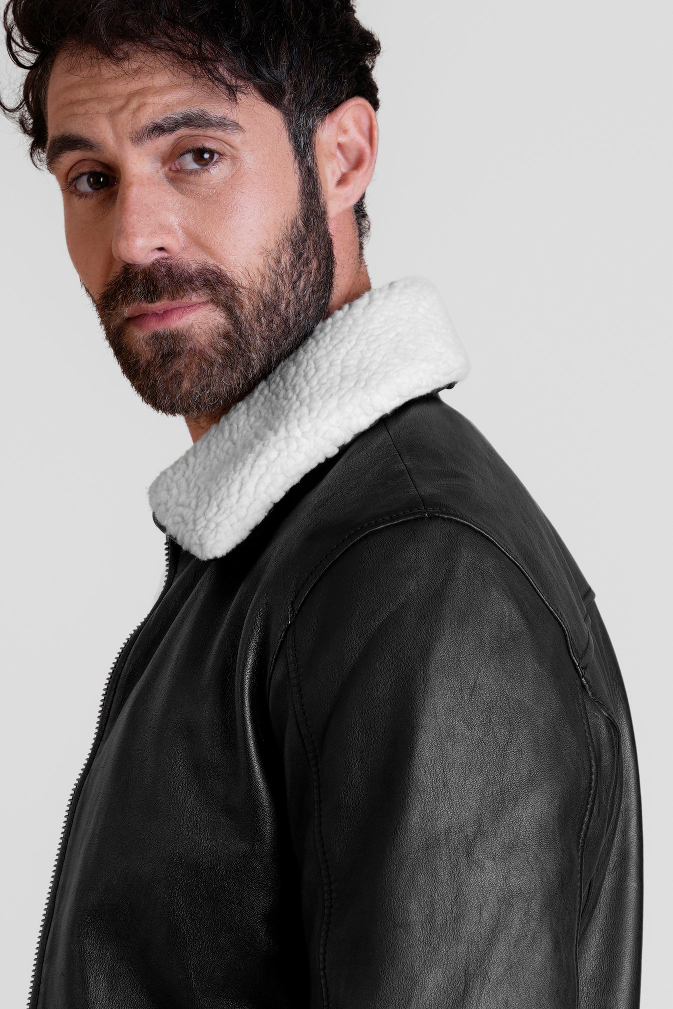 Mens Detachable Borg Collar Genuine Leather Jacket