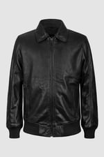 Mens Detachable Borg Collar Genuine Leather Jacket