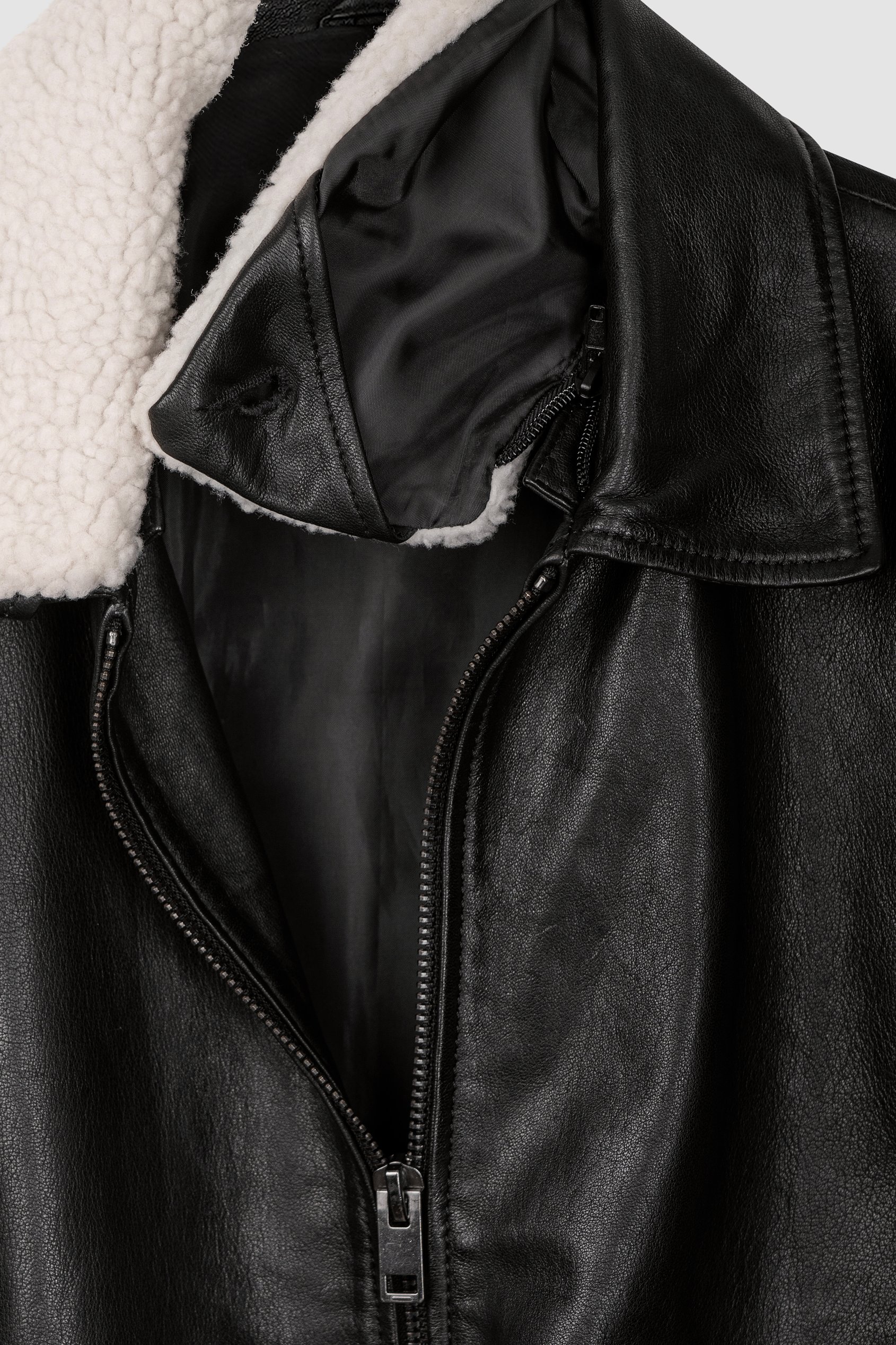 Mens Detachable Borg Collar Genuine Leather Jacket