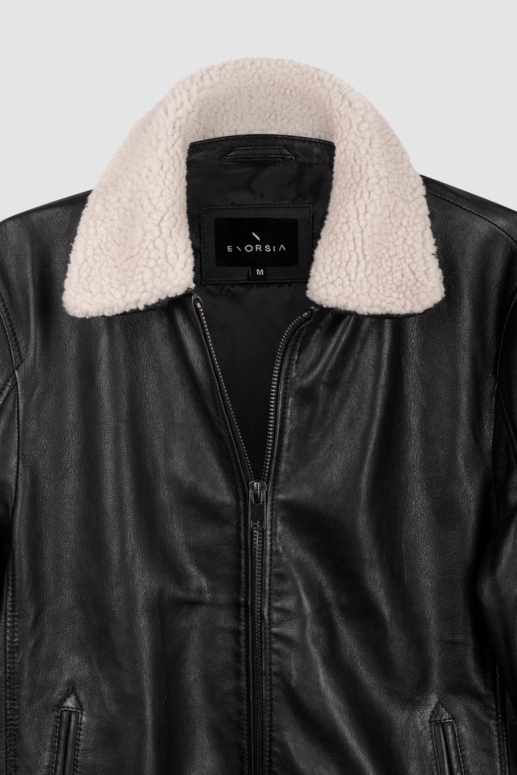 Mens Detachable Borg Collar Genuine Leather Jacket