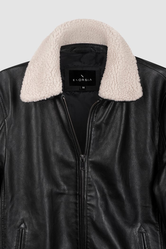 Mens Detachable Borg Collar Genuine Leather Jacket