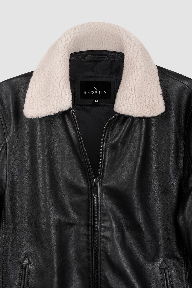 Mens Detachable Borg Collar Genuine Leather Jacket