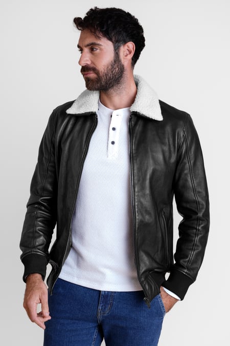 Mens Detachable Borg Collar Black Genuine Leather Jacket