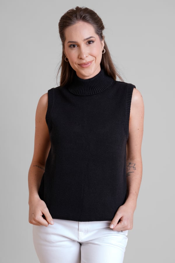 Black Sleeveless Roll Neck Knit Vest