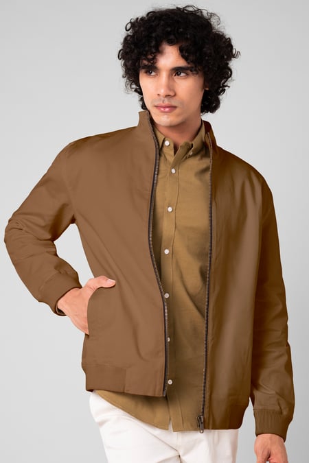 Men's Mustard Brown Stretch Twill Harrington Jacket