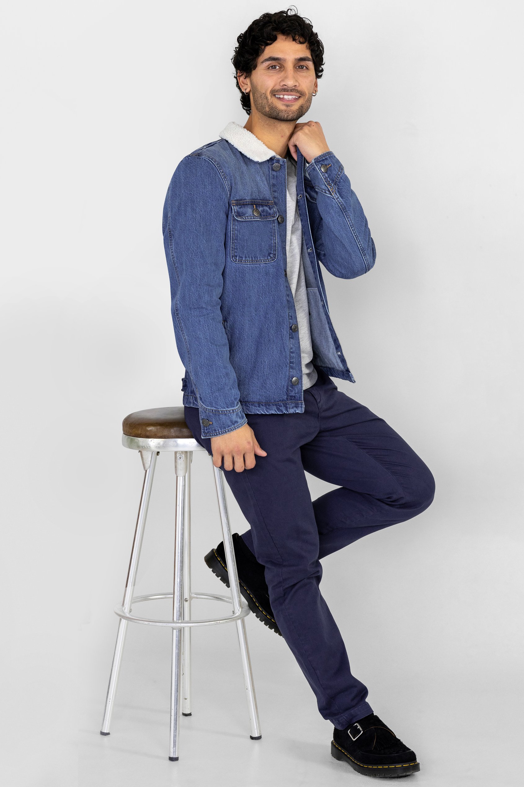 Men's Borg Collar Denim Trucker Jacket