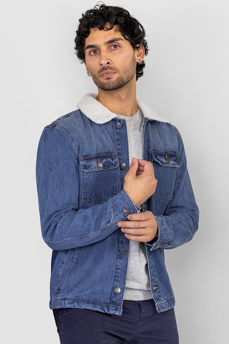 Men's Mid Blue Borg Collar Denim Trucker Jacket