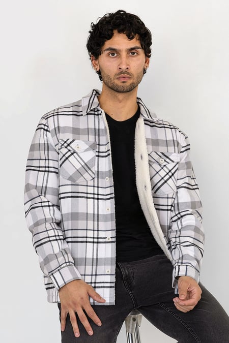 Men's Grey & Ivory Heritage Plaid Borg Lined Shacket