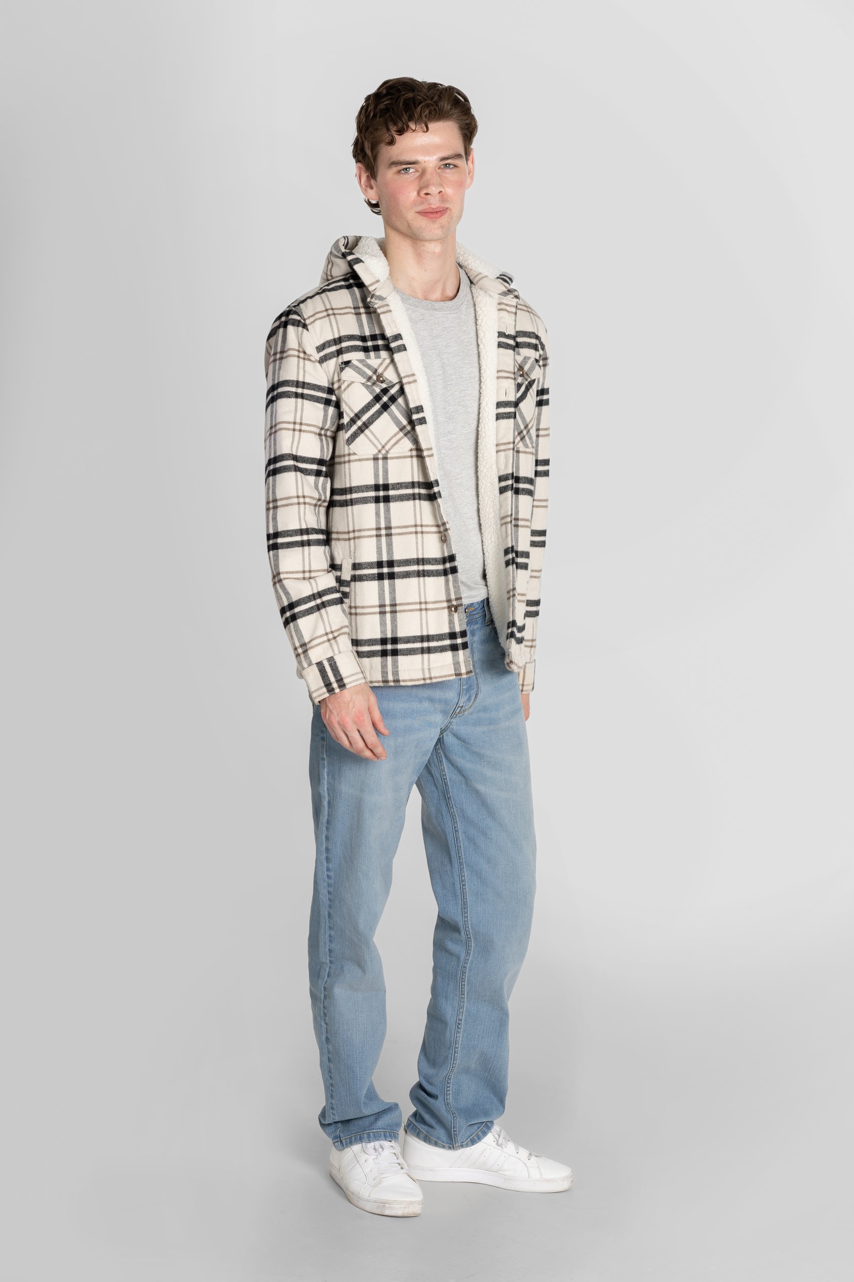 Ecru Check Hooded Borg Lined Shacket