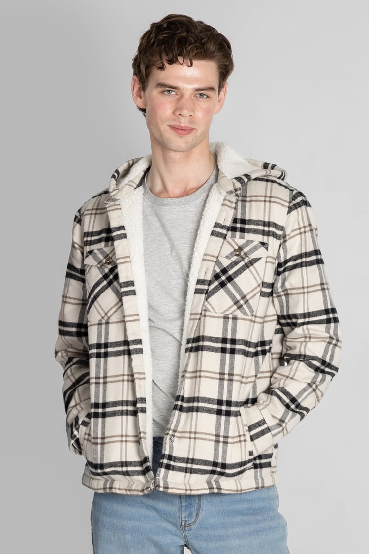 Ecru Check Hooded Borg Lined Shacket