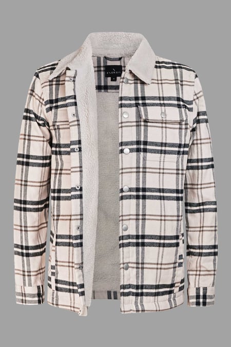 Oatmeal-Black Tartan Check Borg Lined Cotton Shacket