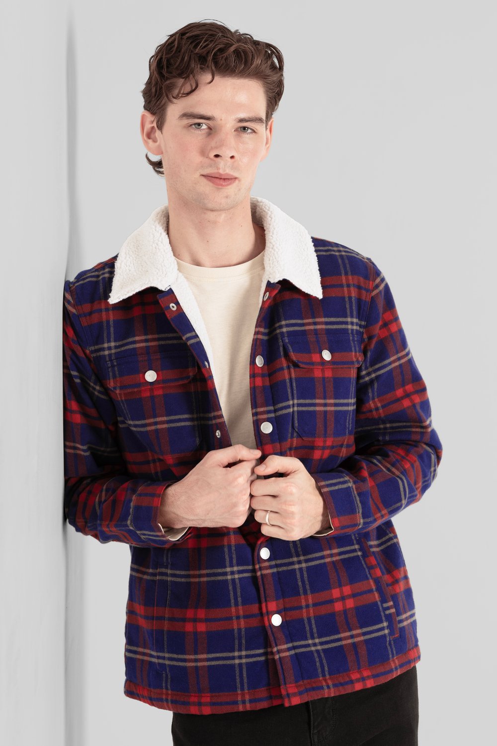 Navy Tartan Check Borg Lined Cotton Shacket