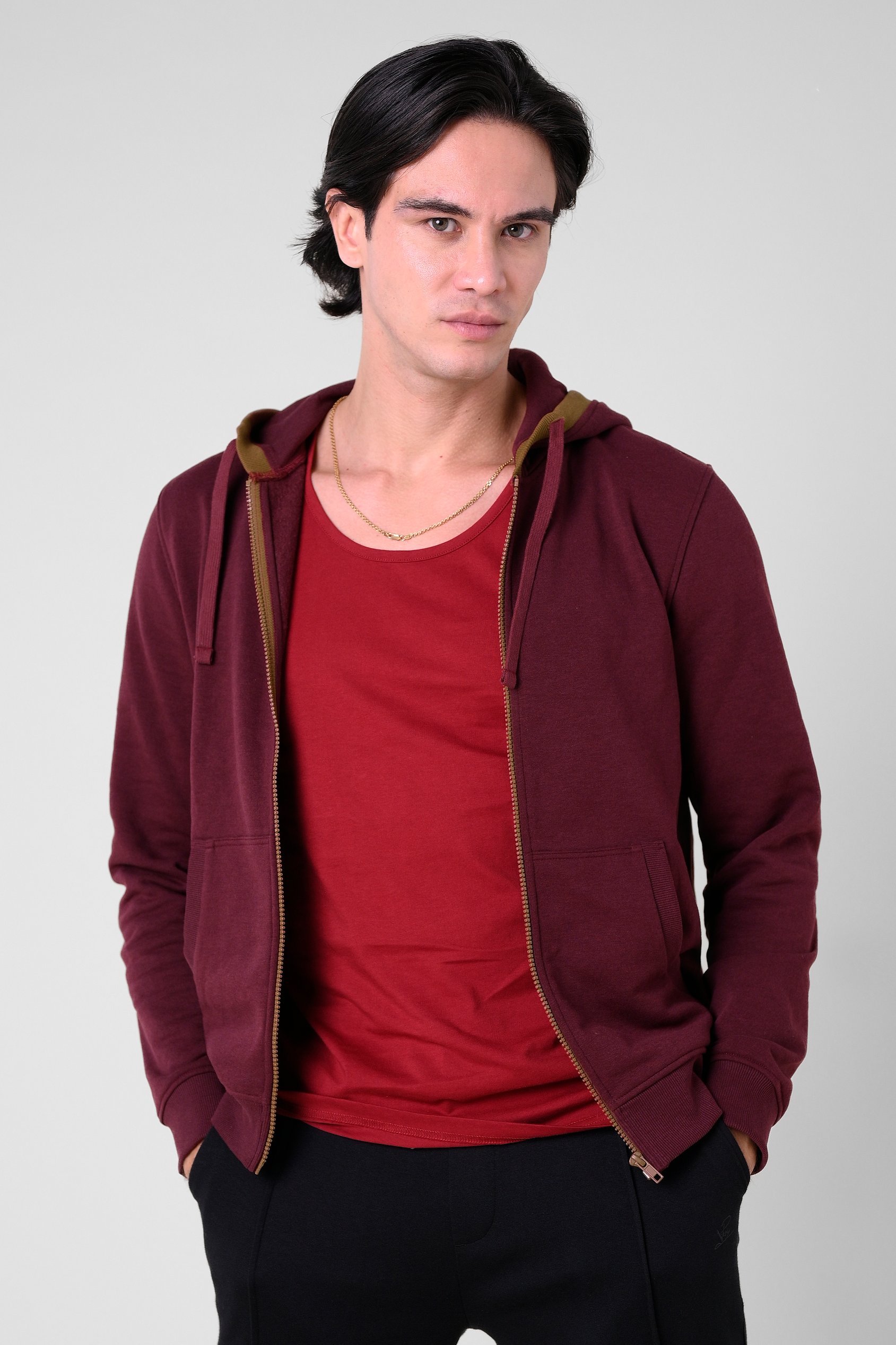 Contrast Piping Detail Zip Front Hoodie