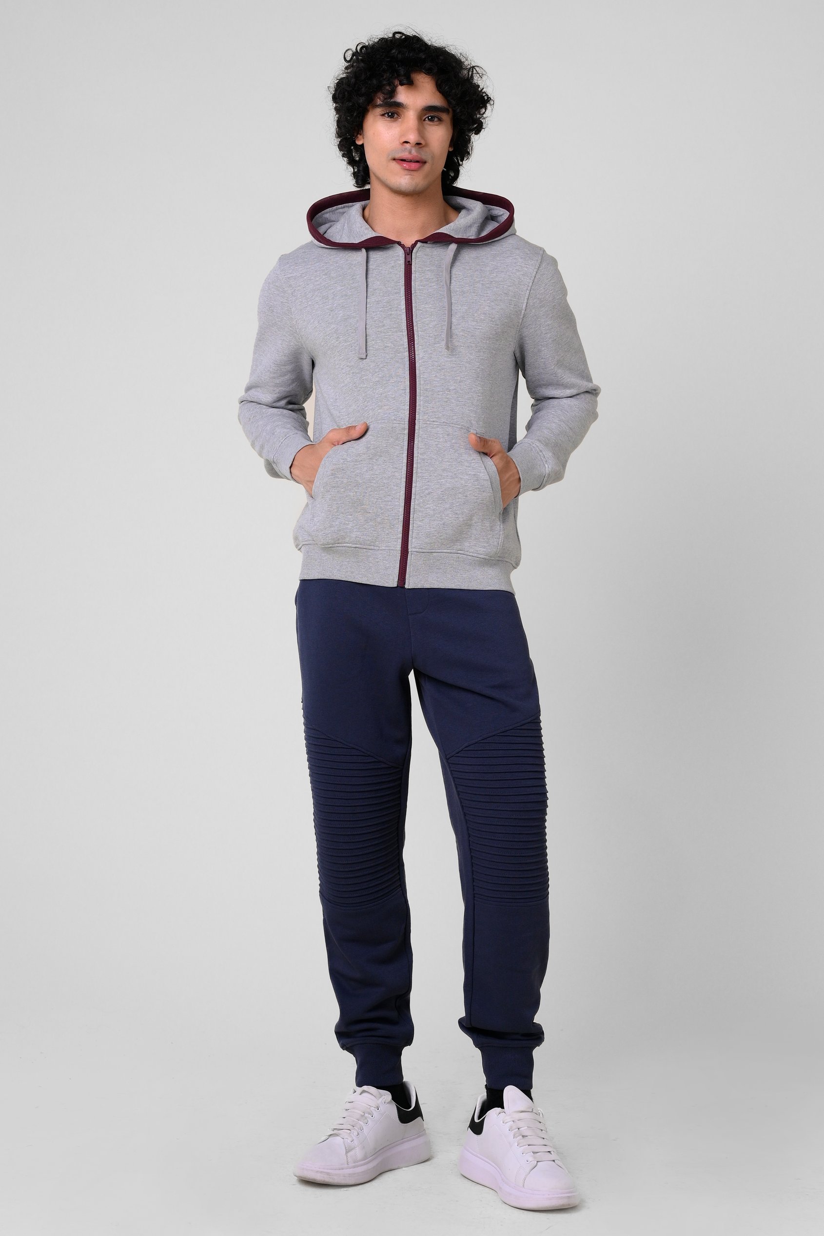 Contrast Piping Detail Zip Front Hoodie