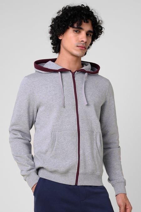 Grey Contrast Piping Detail Zip Front Hoodie