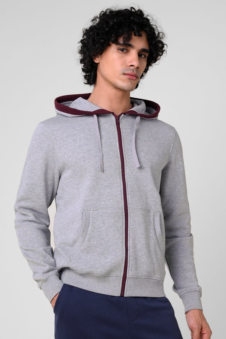 Contrast Piping Detail Zip Front Hoodie