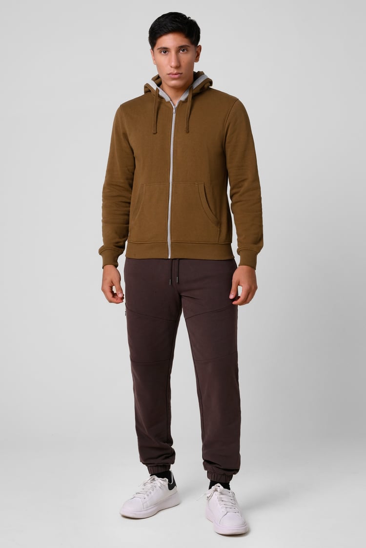 Contrast Piping Detail Zip Front Hoodie