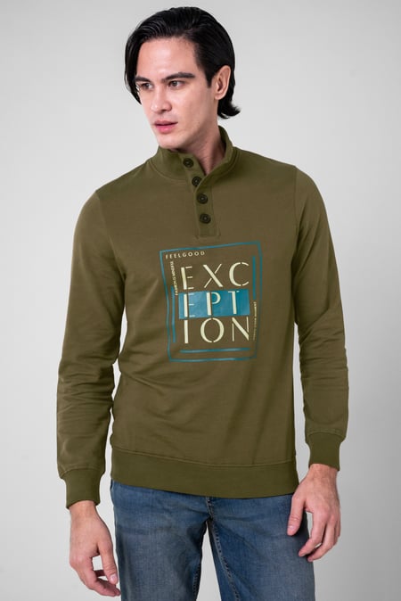 Olive Button-Up Funnel Neck Sweatshirt