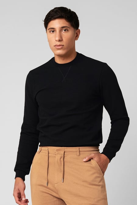 Mens Black Crew Neck Design Rib Sweatshirt