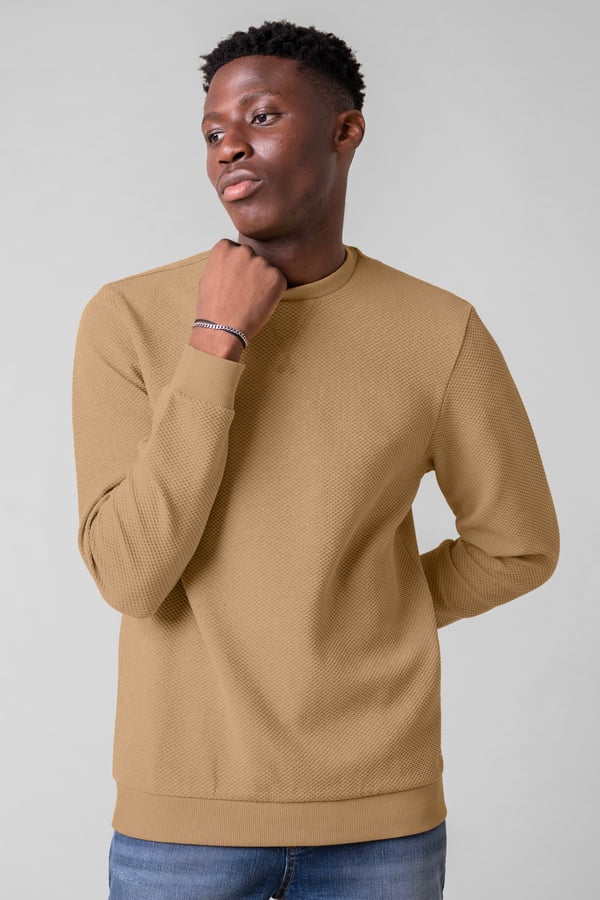 Mens Cream Crew Neck Design Rib Sweatshirt