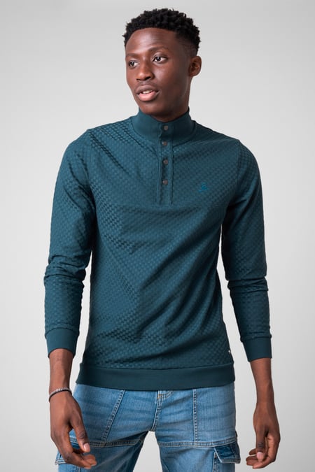 Teal Textured Pattern High Neck Sweatshirt
