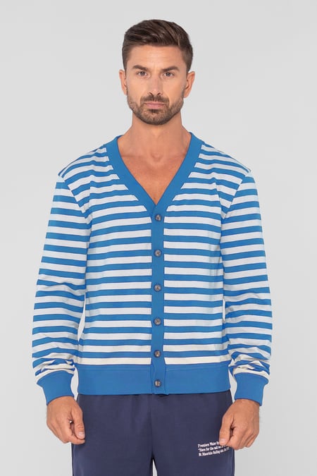 Blue Striped V-neck Button Front Cardigan