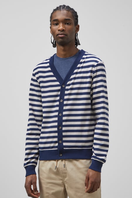 Blue Striped V-neck Button Front Cardigan