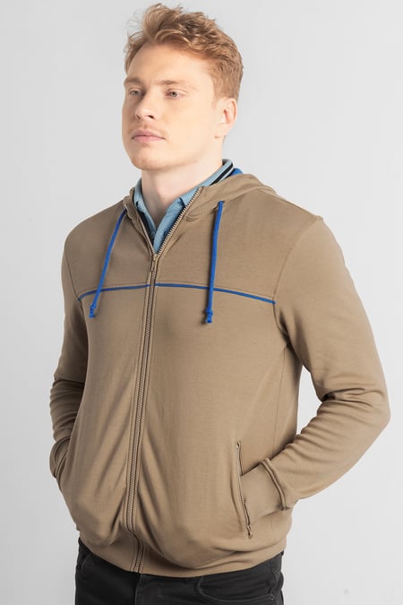 Khaki Heavy Jersey Zip Through Hoodie