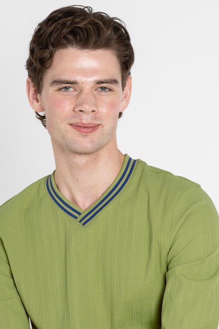 Green Contrast Ribbing V-Neck Sweatshirt