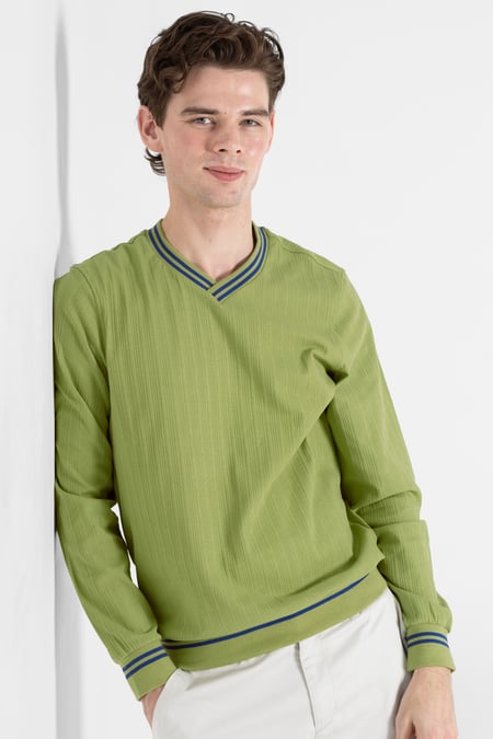 Green Contrast Ribbing V-Neck Sweatshirt