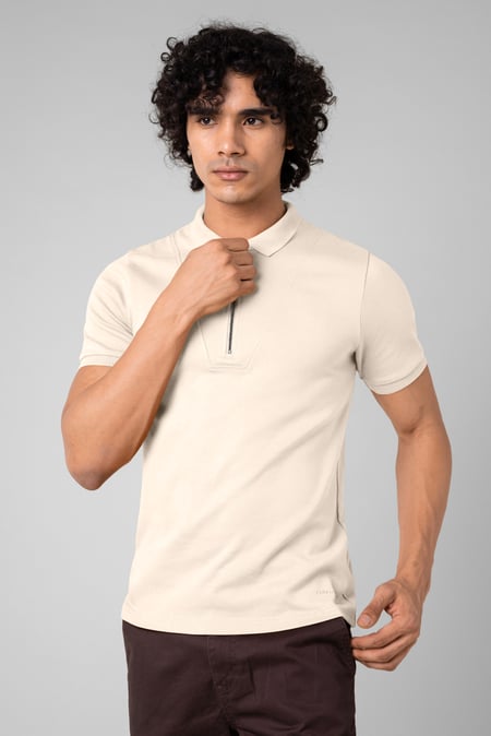 Cream Ribbed Zip Neck Short Sleeve Polo