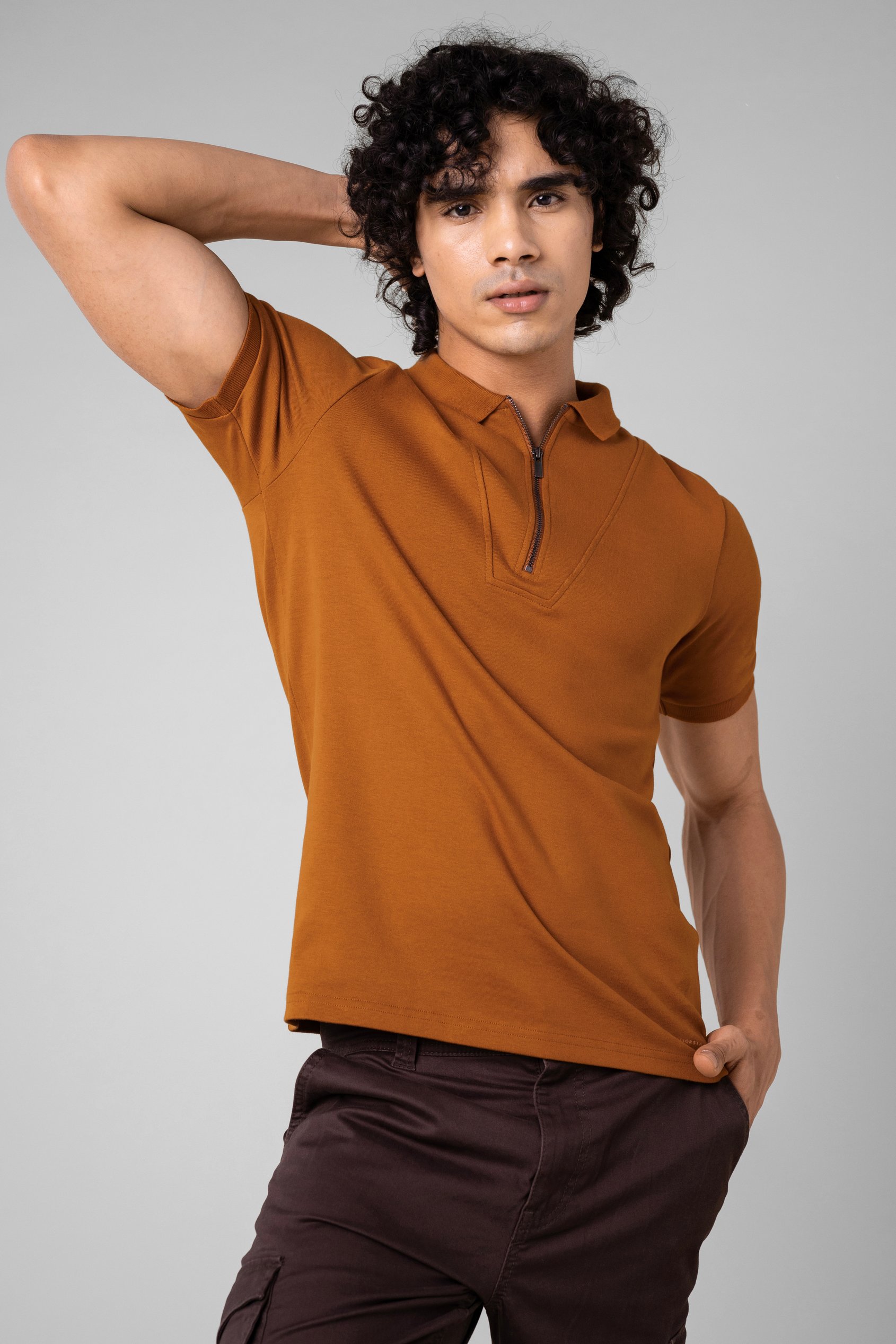 Ribbed Zip Neck Short Sleeve Polo
