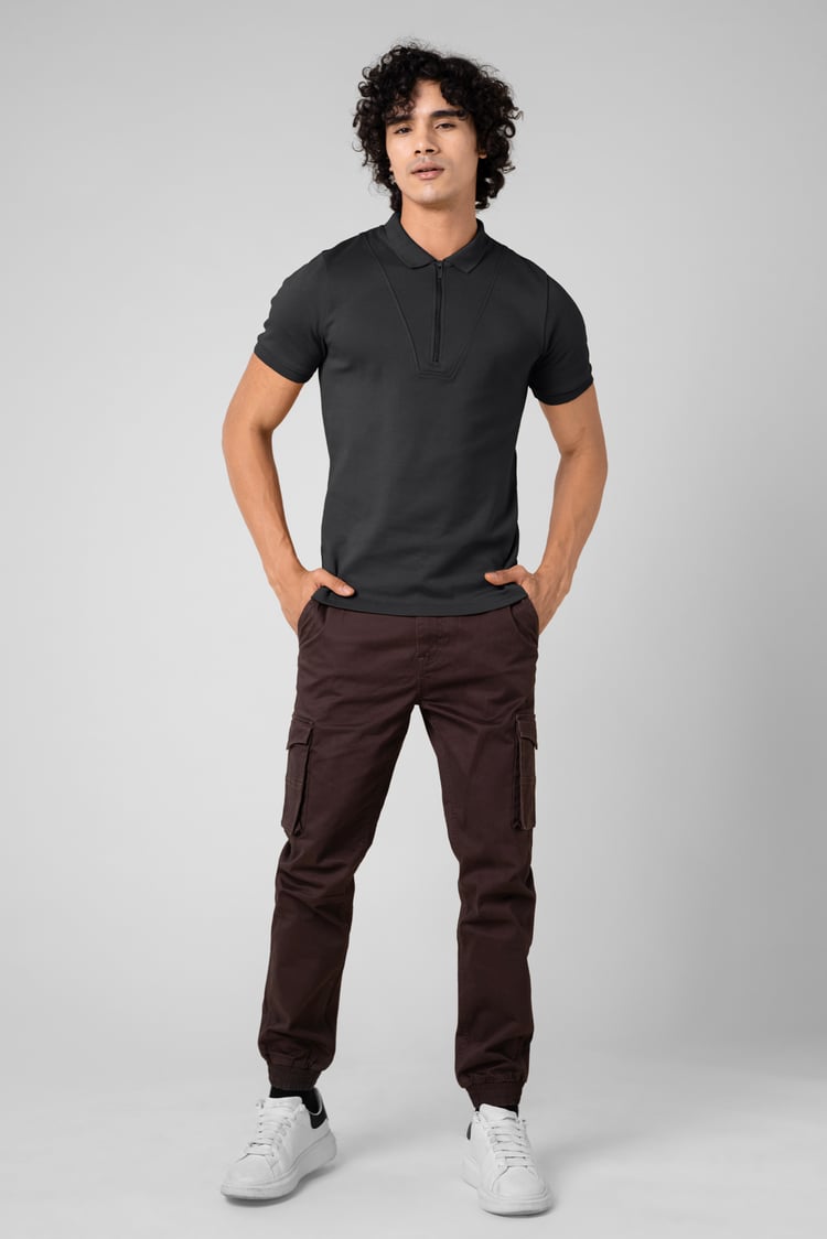 Ribbed Zip Neck Short Sleeve Polo