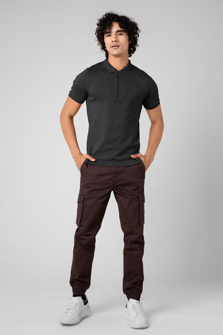 Ribbed Zip Neck Short Sleeve Polo
