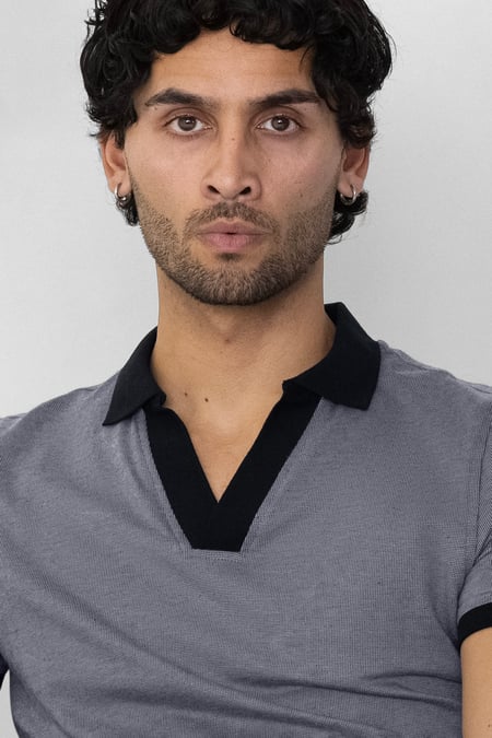 Grey Contrast V-Neck Collar Cotton Polo Shirt