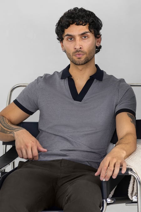 Grey Contrast V-Neck Collar Cotton Polo Shirt