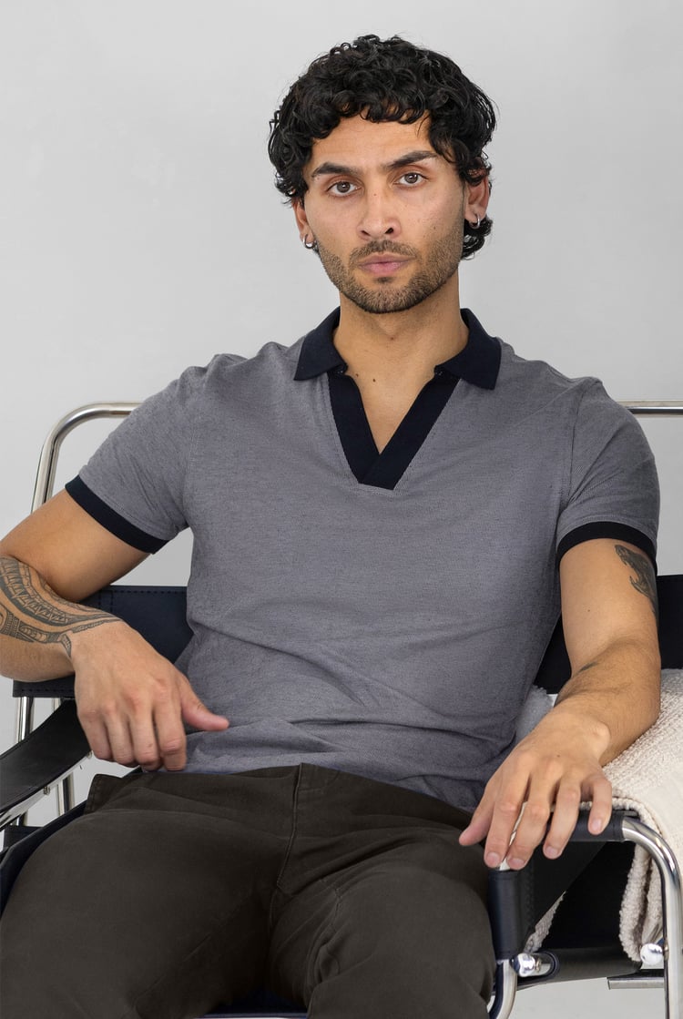 Contrast V-Neck Collar Cotton Polo Shirt