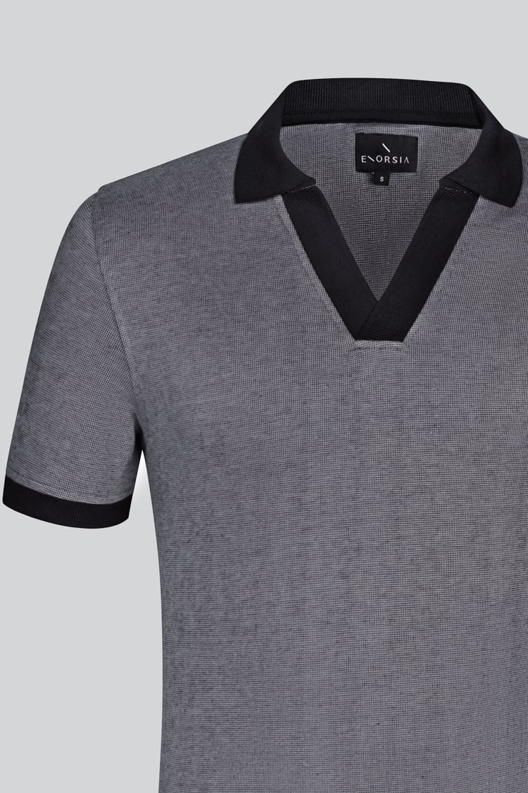 Contrast V-Neck Collar Cotton Polo Shirt