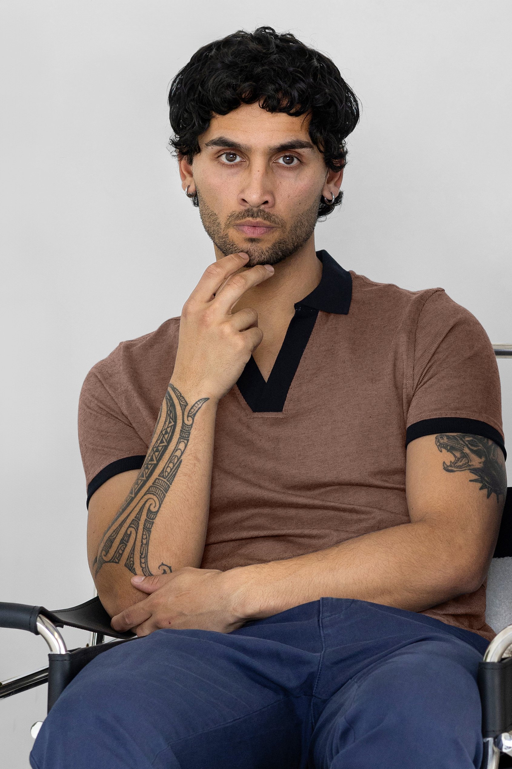 Contrast V-Neck Collar Cotton Polo Shirt