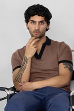 Contrast V-Neck Collar Cotton Polo Shirt