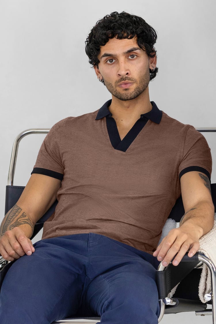 Contrast V-Neck Collar Cotton Polo Shirt